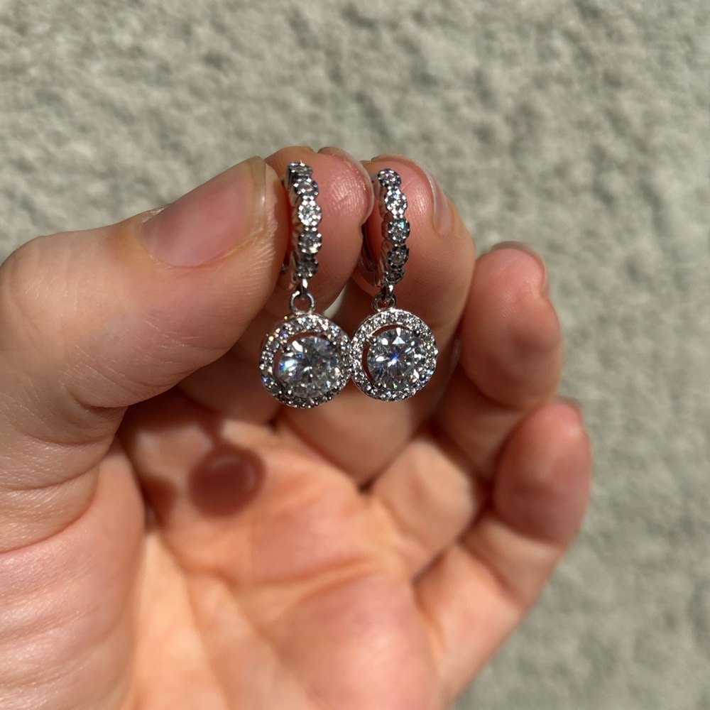 5925 stamped Silver Crystal Halo Drop Earrings  Dangle
